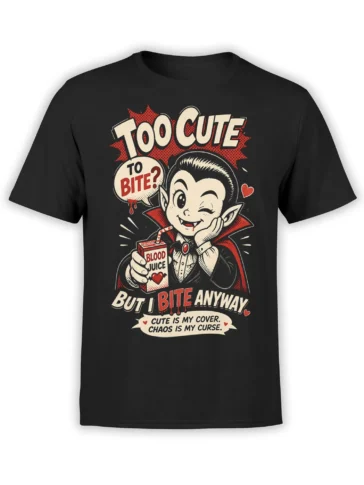 Cute winking vampire with fangs and blood juice carton on a black graphic T-shirt