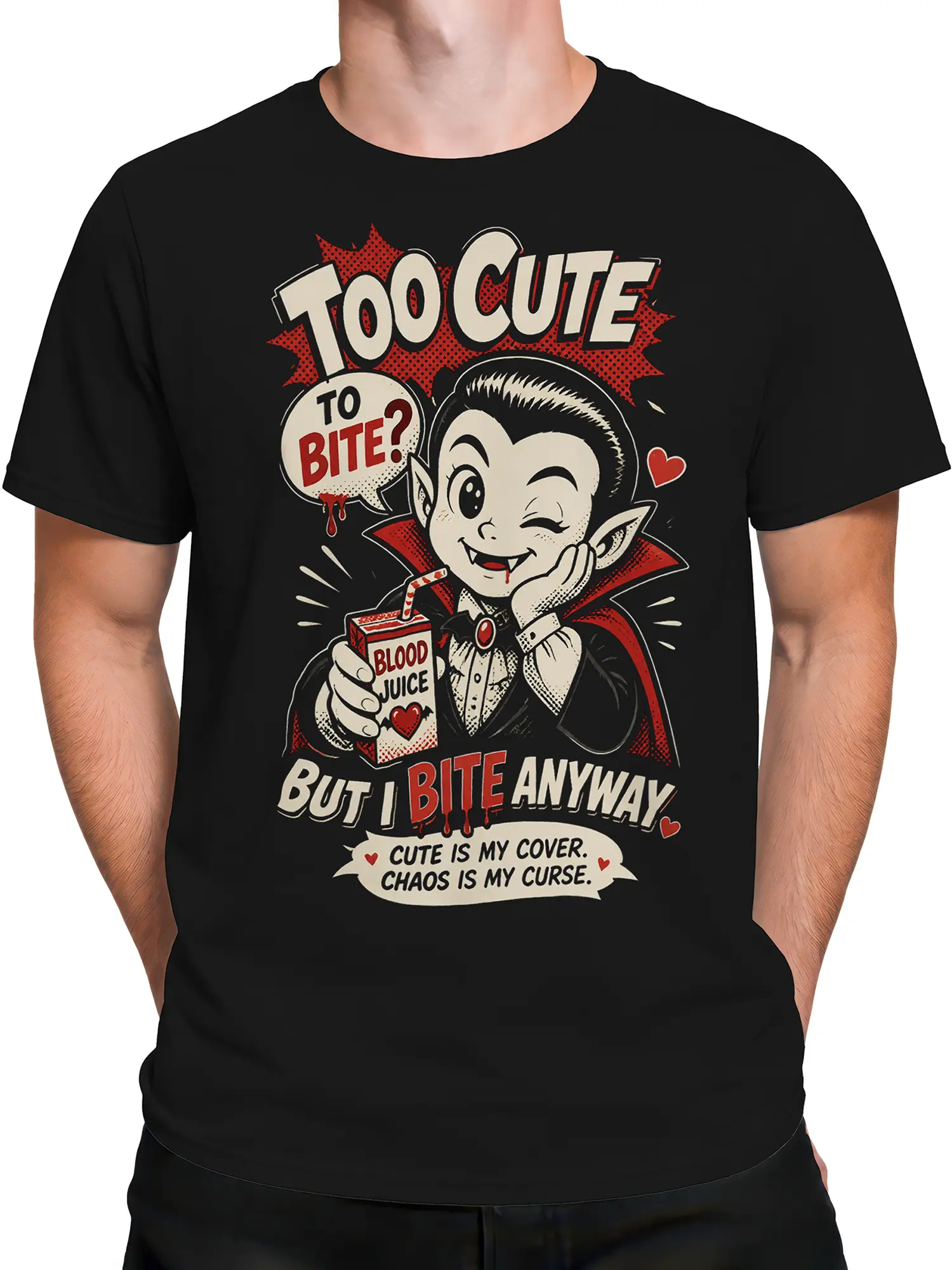 Male torso wearing black vampire T-shirt with fangs, blood juice, and retro lettering