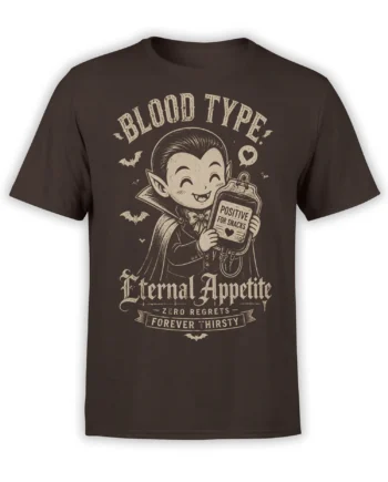 Dark brown vampire T-shirt with bats, gothic lettering, and a bottle labeled Positive for Snacks