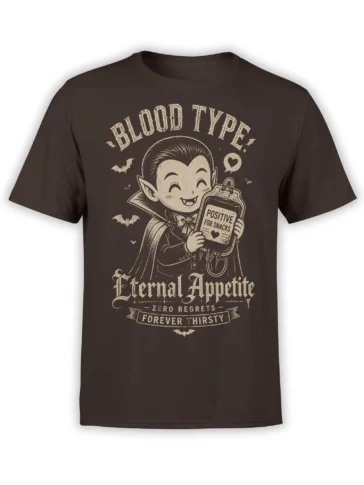 Dark brown vampire T-shirt with bats, gothic lettering, and a bottle labeled Positive for Snacks