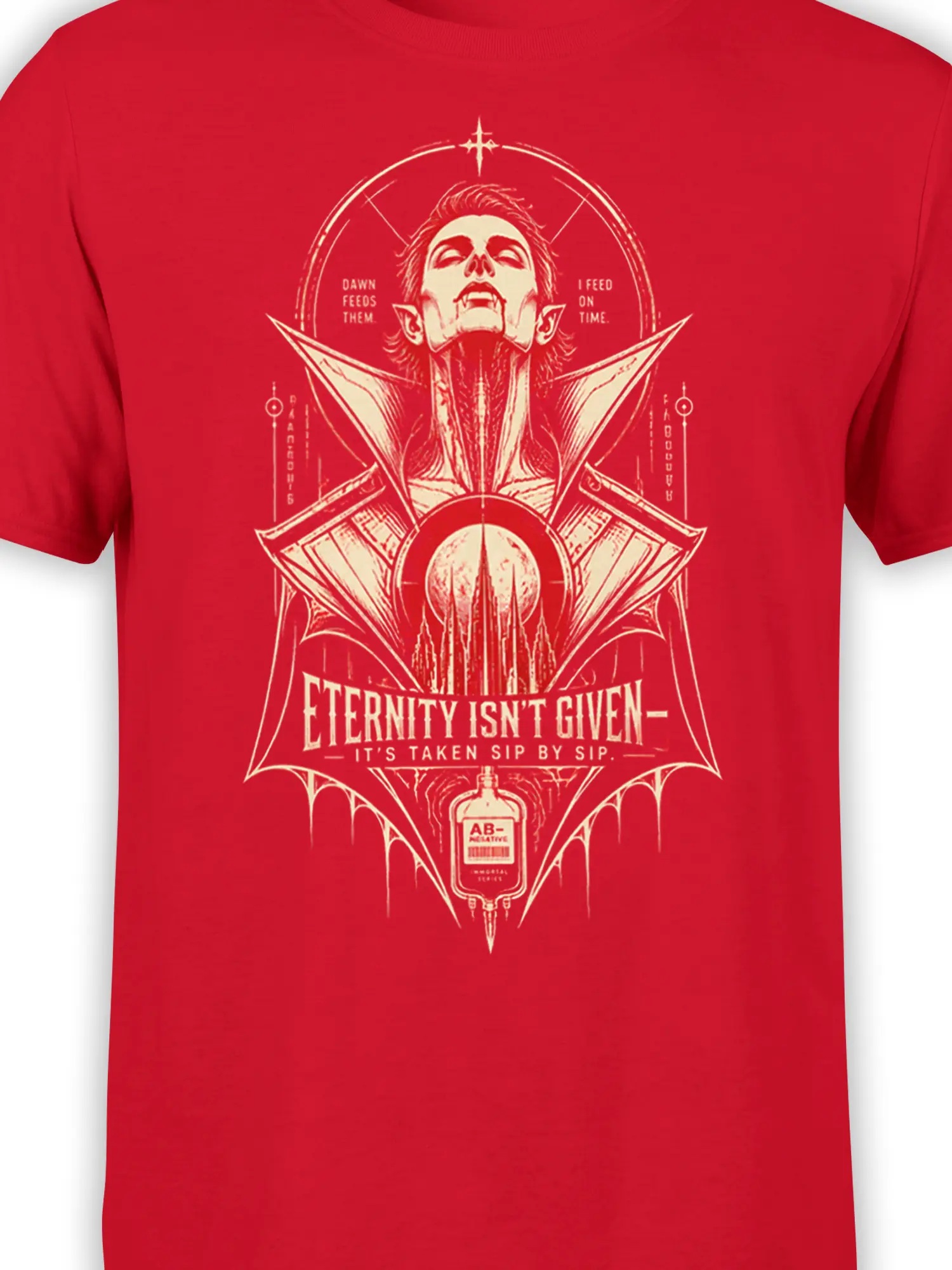 Close-up of red vampire graphic tee showing gothic portrait, blood bag, and Sip by Sip slogan