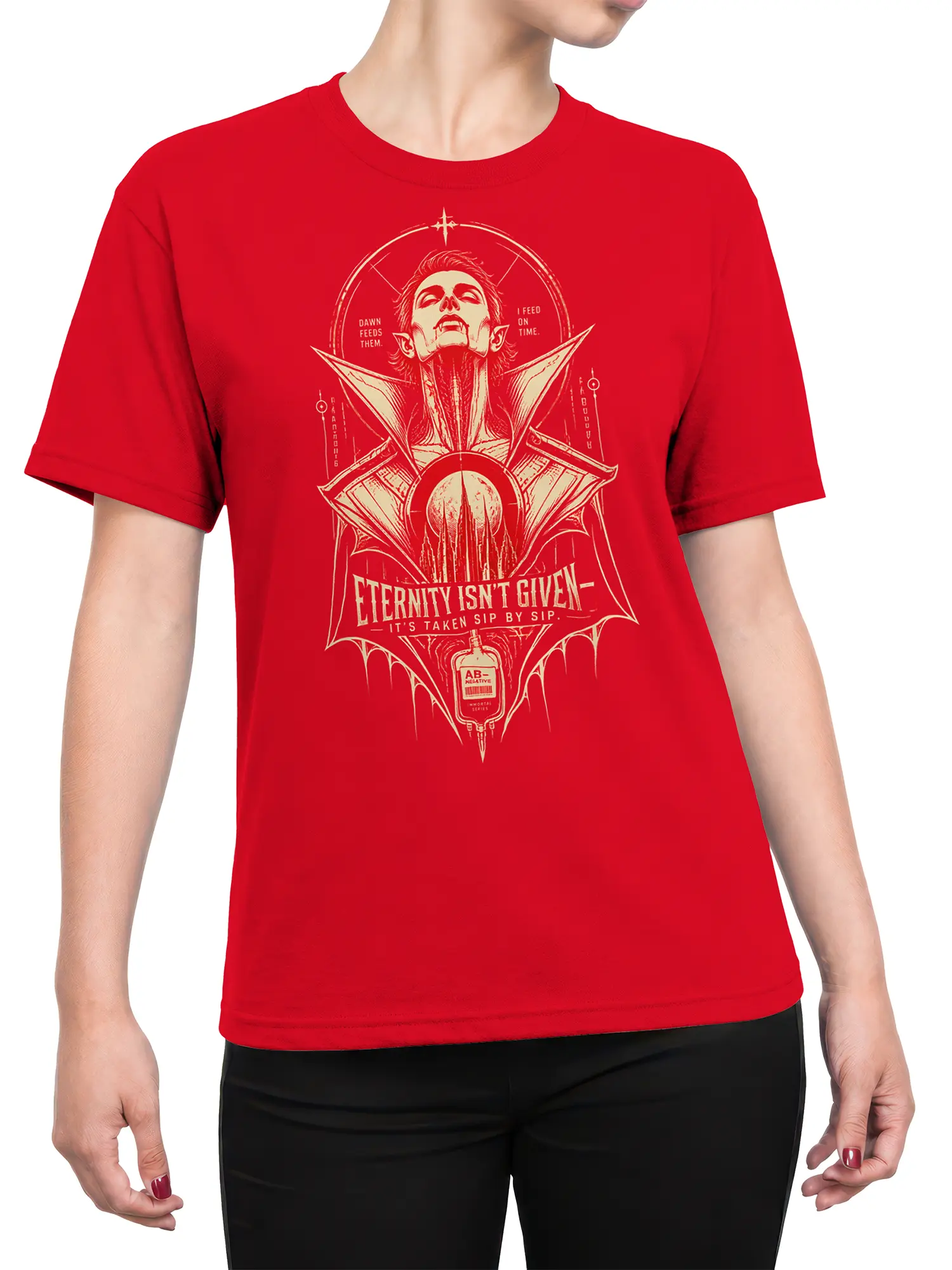 Female torso wearing a red vampire T-shirt with cream gothic artwork and an eternity slogan