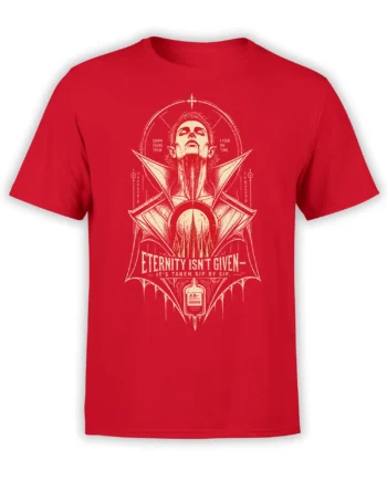 Red vampire T-shirt with cream gothic portrait, blood bag artwork, and the slogan Eternity Isn't Given
