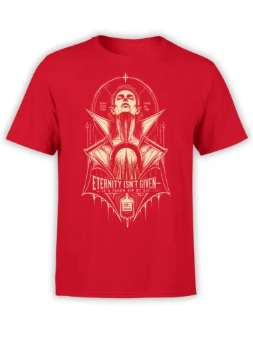 Red vampire T-shirt with cream gothic portrait, blood bag artwork, and the slogan Eternity Isn't Given