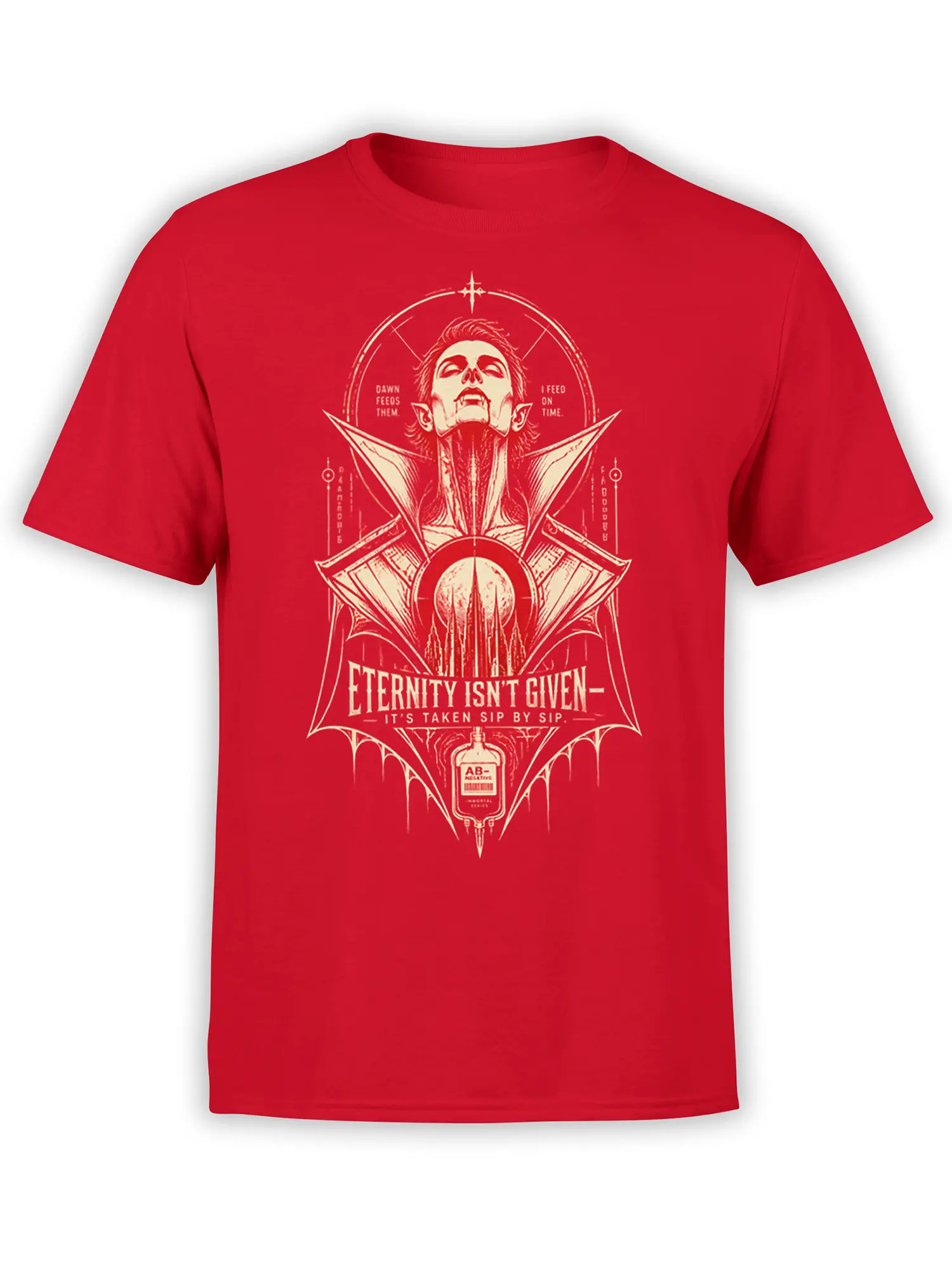 Red vampire T-shirt with cream gothic portrait, blood bag artwork, and the slogan Eternity Isn't Given