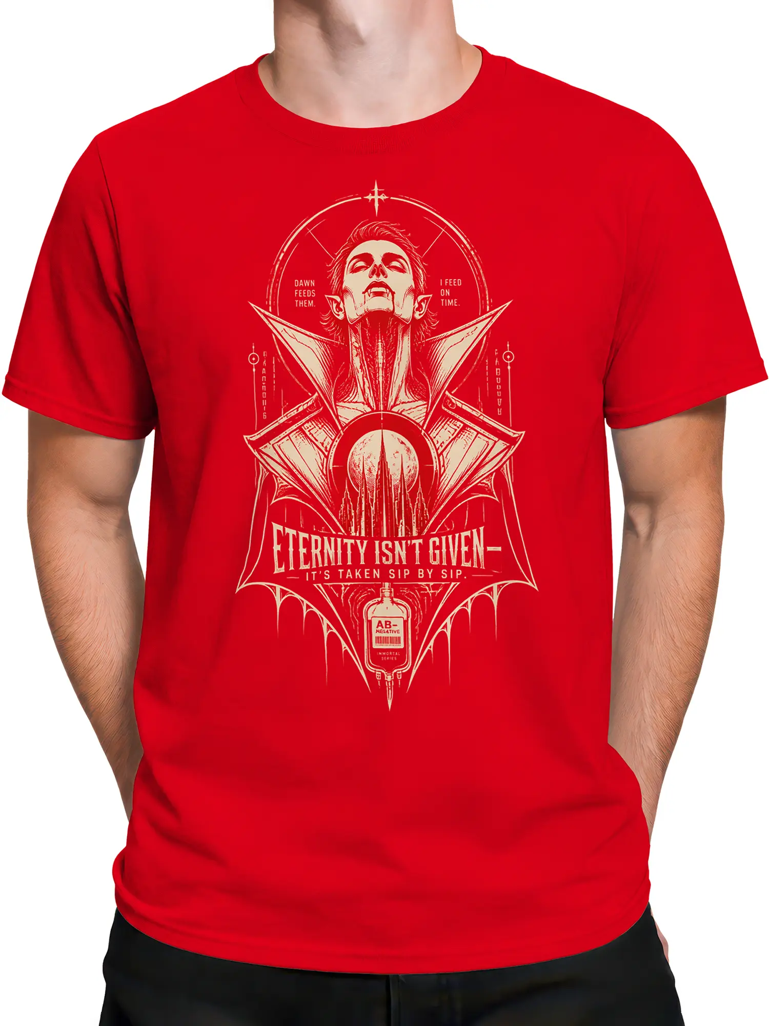 Male torso wearing a red gothic vampire T-shirt with cream artwork and blood bag detail
