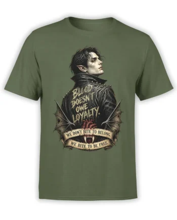 Green fantasy T-shirt with a pointed-eared figure, fangs, leathery wings, red heart, and freedom message