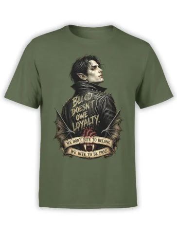 Green fantasy T-shirt with a pointed-eared figure, fangs, leathery wings, red heart, and freedom message