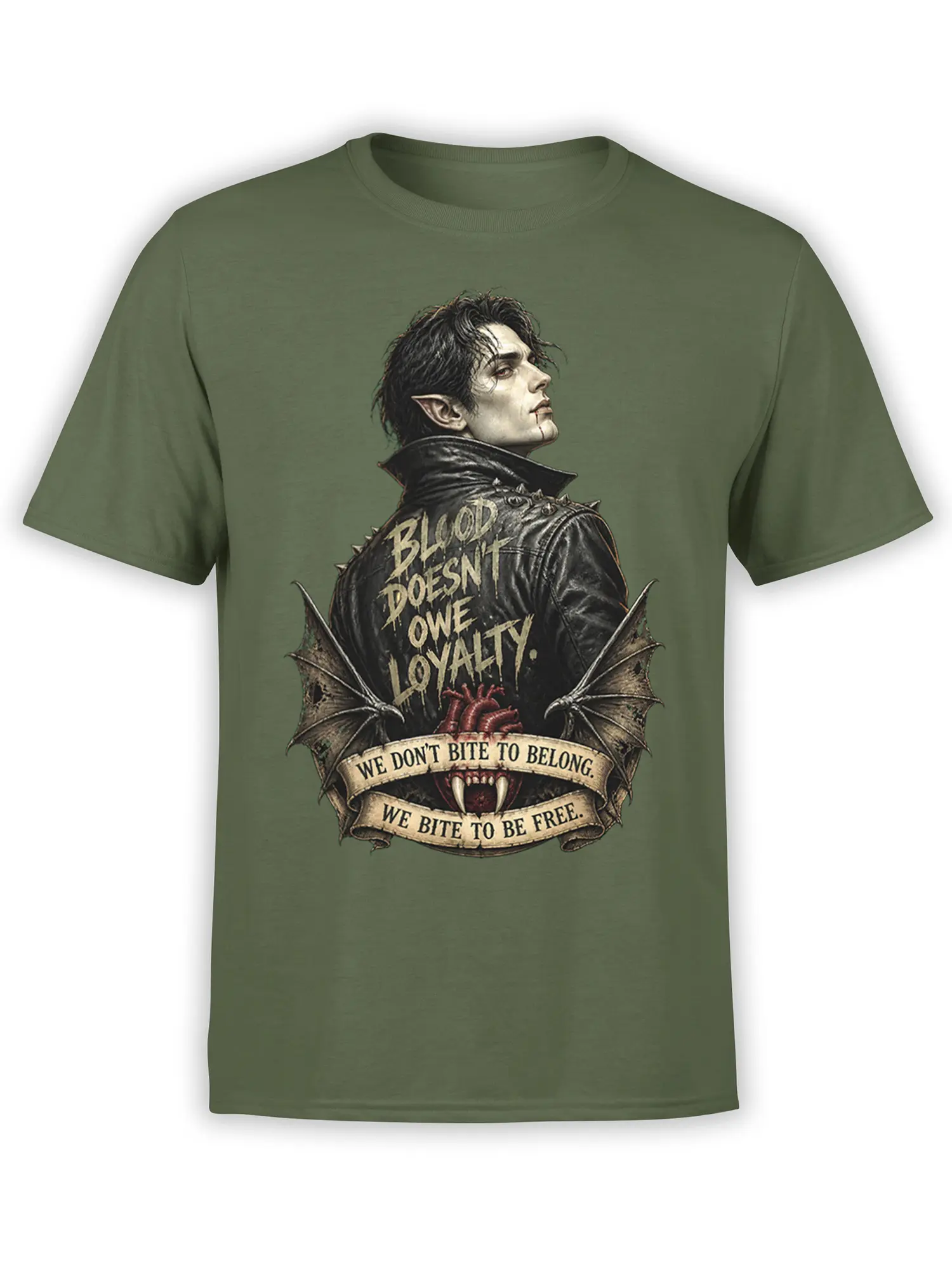 Green fantasy T-shirt with a pointed-eared figure, fangs, leathery wings, red heart, and freedom message