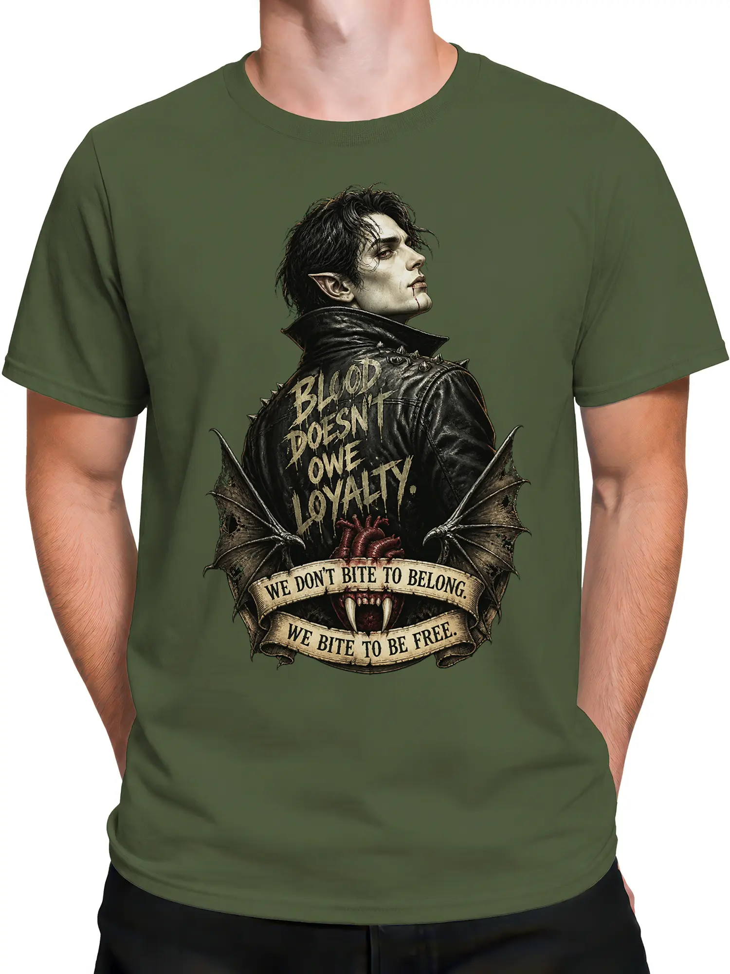 Male torso wearing a green gothic fantasy T-shirt with pointed ears, fangs, wings, and vintage banners