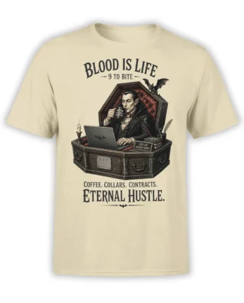 Beige vampire night shift T-shirt showing a coffee-drinking vampire at a coffin desk with gothic office lettering