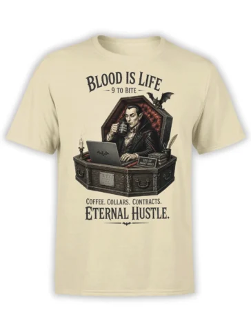 Beige vampire night shift T-shirt showing a coffee-drinking vampire at a coffin desk with gothic office lettering