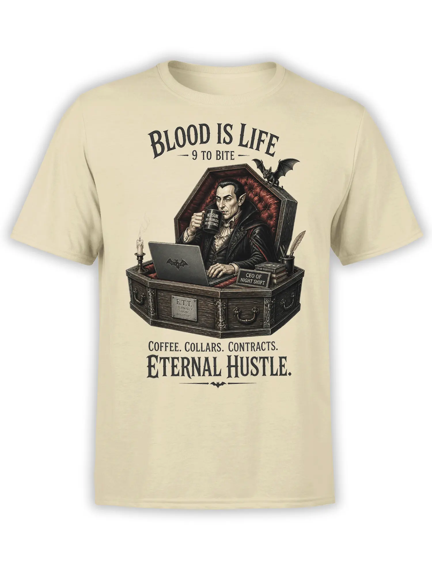 Beige vampire night shift T-shirt showing a coffee-drinking vampire at a coffin desk with gothic office lettering