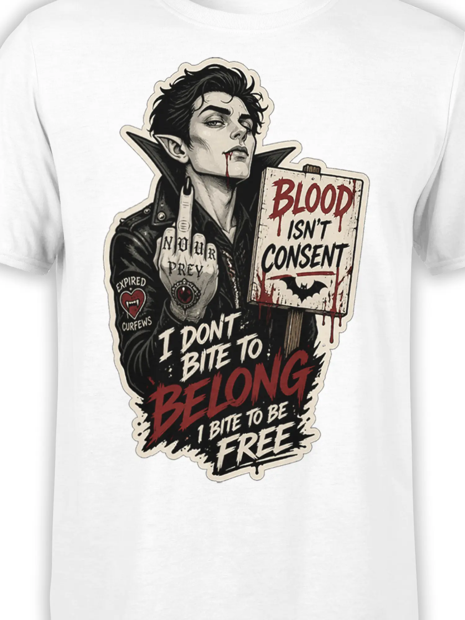 Close-up of gothic vampire artwork, bat symbol, blood details, and bold message on a white shirt