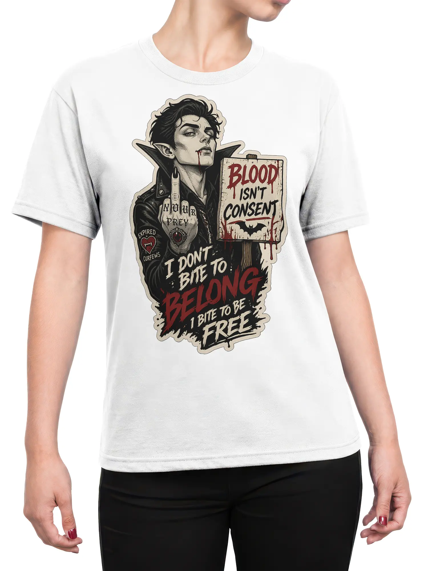 Female torso wearing a white shirt with gothic vampire and Bite to Be Free artwork