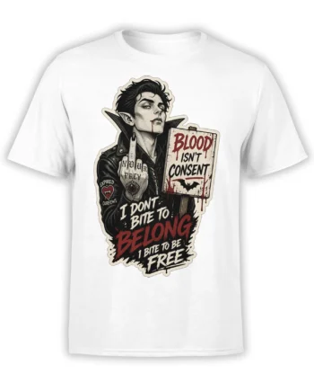 Gothic vampire graphic on a white shirt with Blood Isn't Consent and Bite to Be Free text