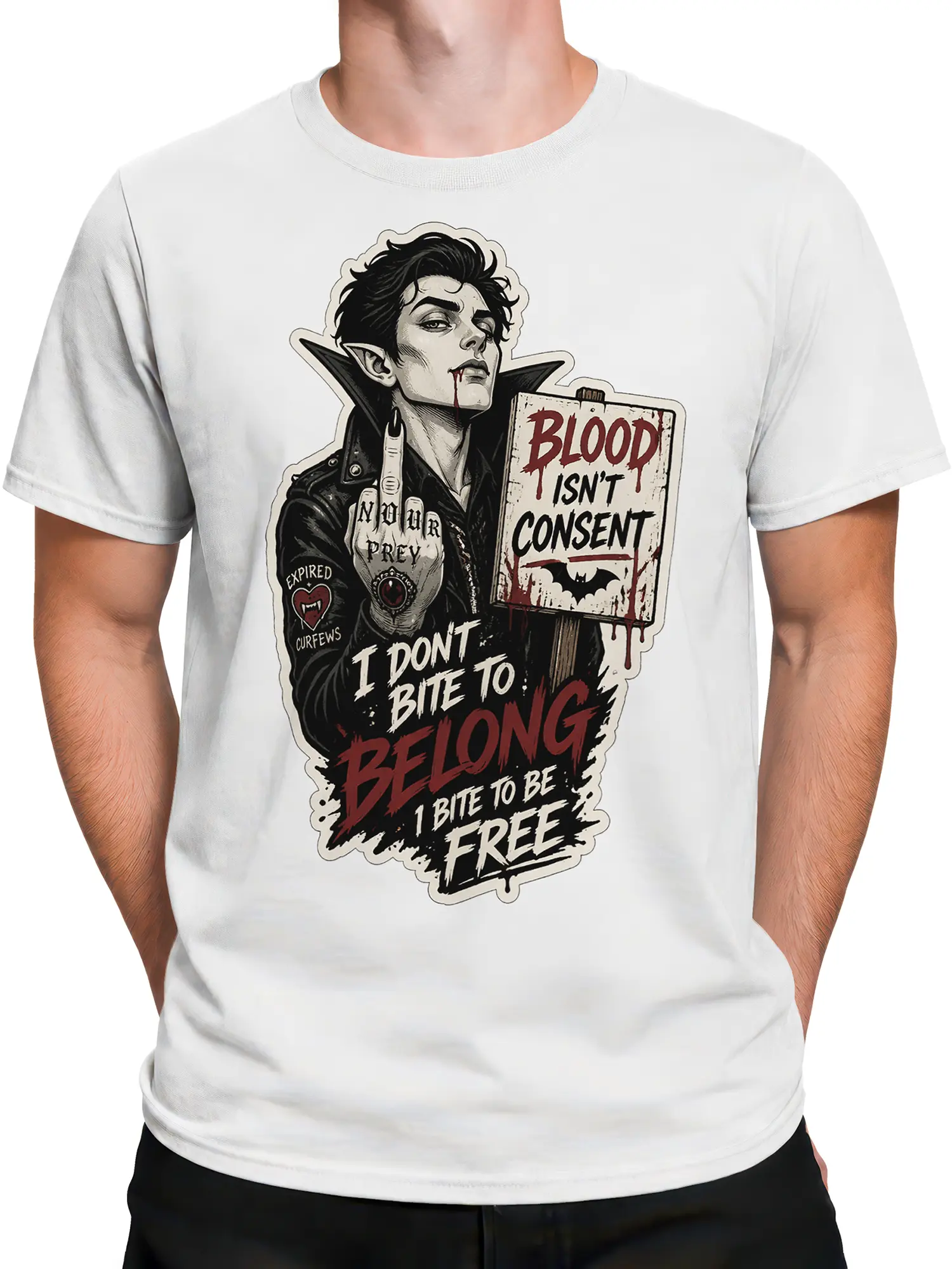 Male torso wearing a white gothic vampire shirt with red and black graphic artwork