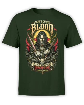 Dark green vampire T-shirt with crossed swords, bat wings, winged skull, and gothic Blood Discipline artwork