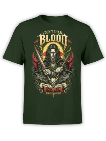 Dark green vampire T-shirt with crossed swords, bat wings, winged skull, and gothic Blood Discipline artwork