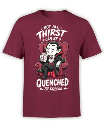funny vampire drinking blood juice on a burgundy T-shirt with coffee-themed gothic lettering