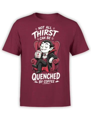 funny vampire drinking blood juice on a burgundy T-shirt with coffee-themed gothic lettering