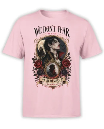 Gothic vampire portrait T-shirt in pink with roses, bats, castle, moon, and bold night-themed lettering