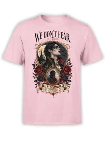 Gothic vampire portrait T-shirt in pink with roses, bats, castle, moon, and bold night-themed lettering