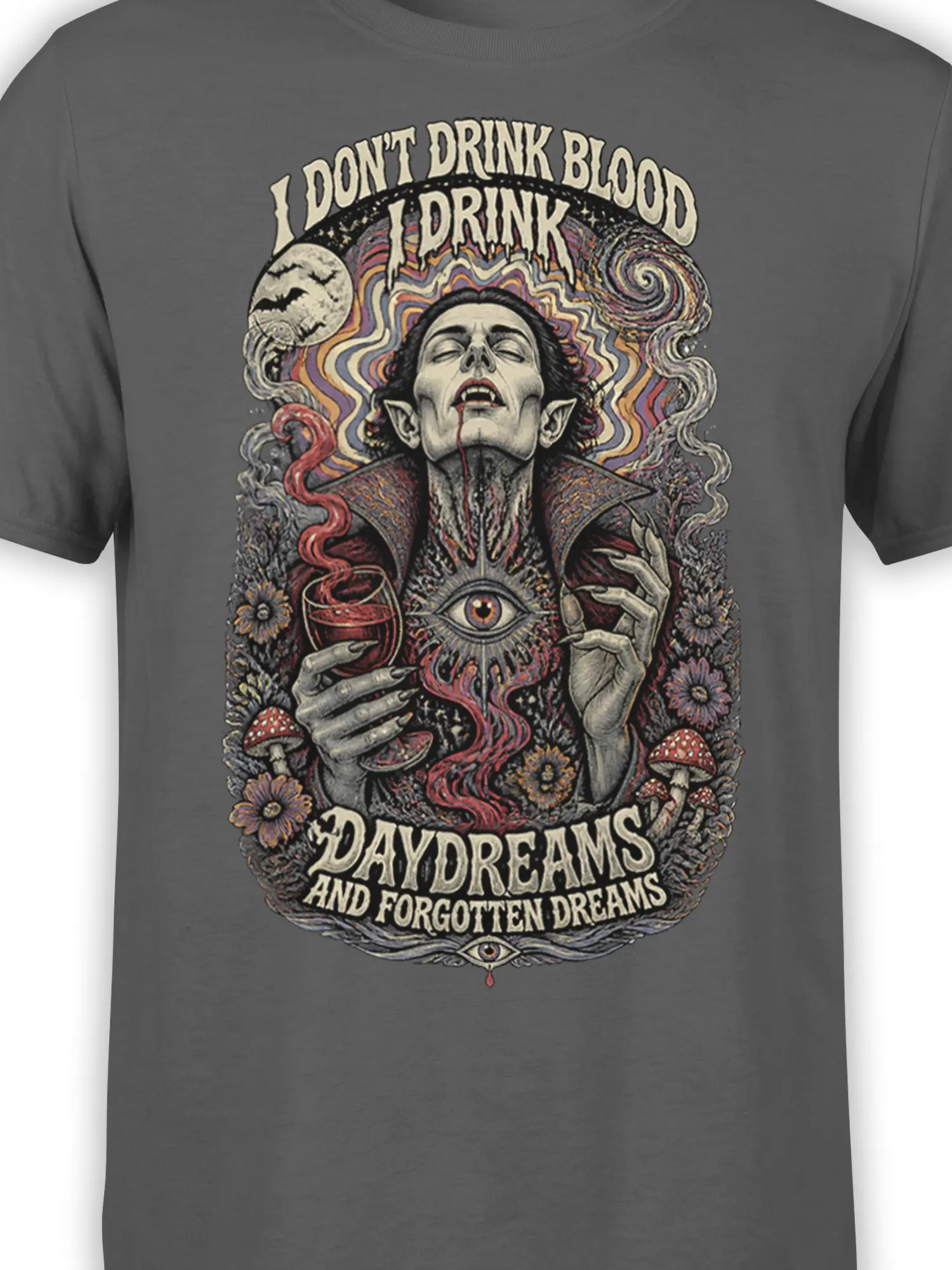 Close-up of gothic vampire artwork with red goblet, glowing eye, bats, and psychedelic details on gray fabric
