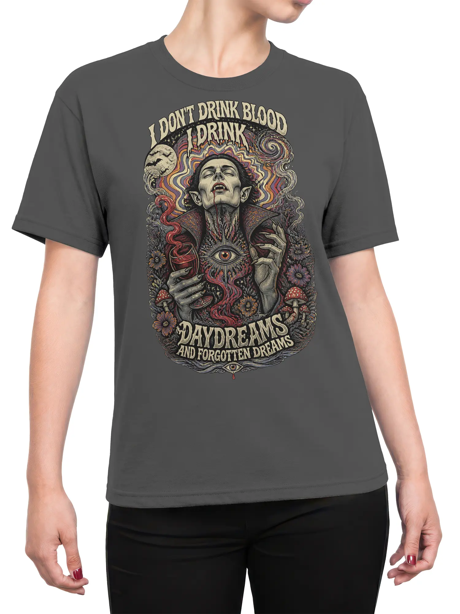 Female torso wearing a gray gothic vampire T-shirt with dream lettering, bats, flowers, and a red goblet