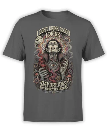 Gothic vampire holding a red goblet with bats, flowers, mushrooms, and dream text on a gray T-shirt