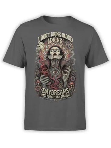 Gothic vampire holding a red goblet with bats, flowers, mushrooms, and dream text on a gray T-shirt