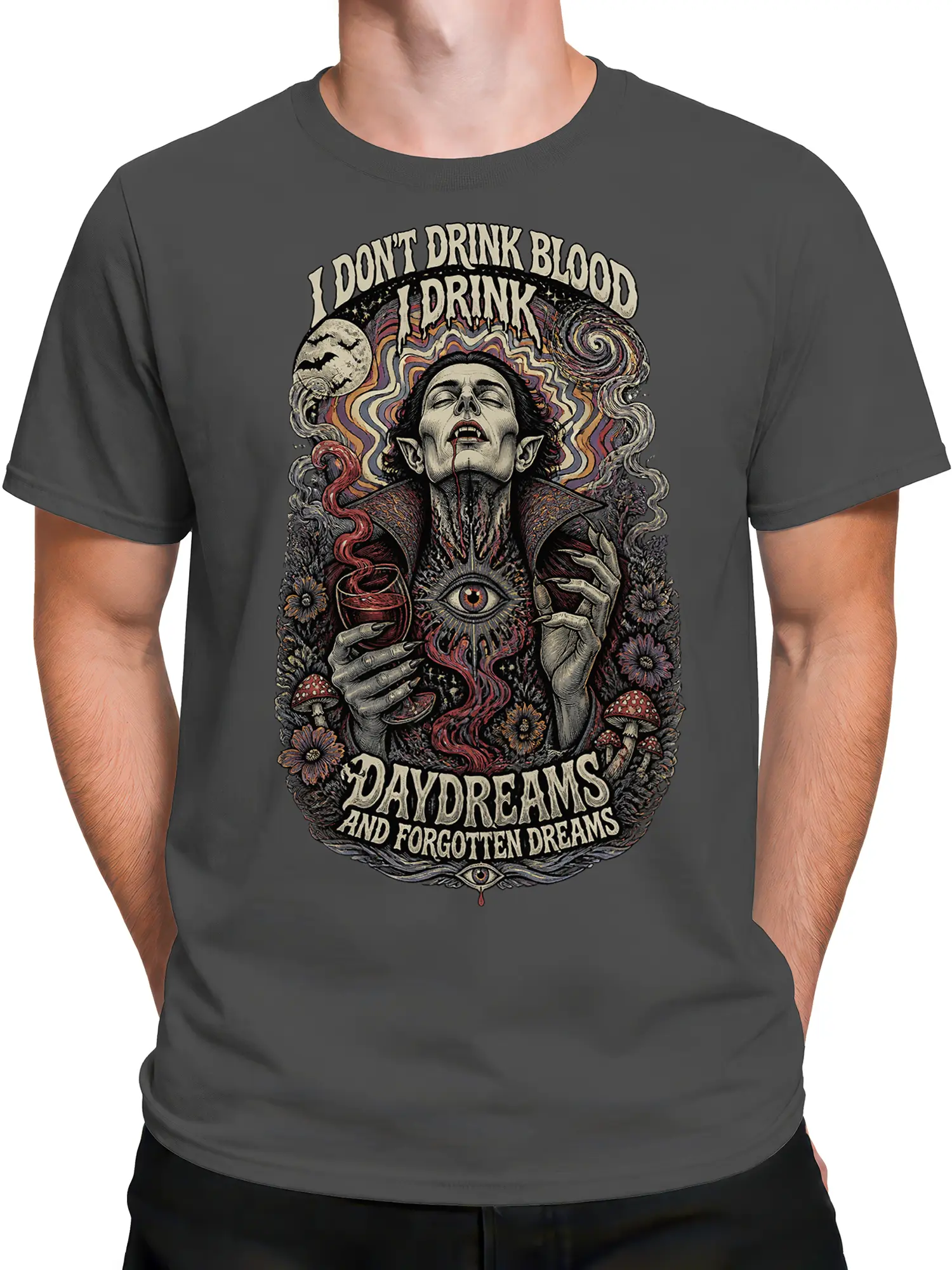 Male torso wearing a gray gothic vampire T-shirt with psychedelic artwork and forgotten dreams lettering