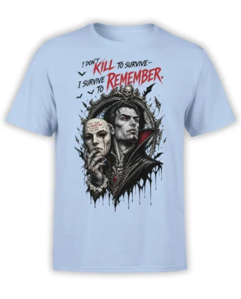 Gothic vampire with red eyes, cracked mask, bats, and red lettering on a light blue T-shirt