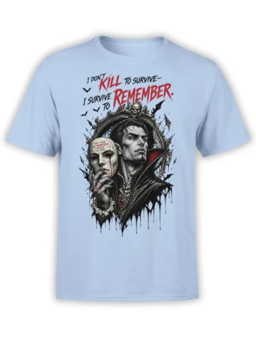 Gothic vampire with red eyes, cracked mask, bats, and red lettering on a light blue T-shirt