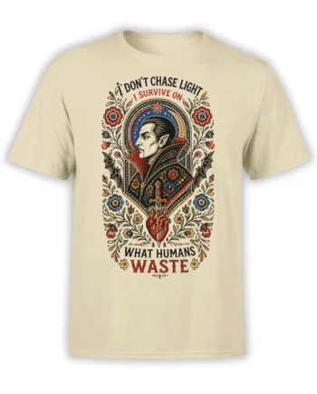 Gothic vampire portrait T-shirt in beige with flowers, bats, sword, heart, and dark humorous lettering