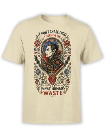 Gothic vampire portrait T-shirt in beige with flowers, bats, sword, heart, and dark humorous lettering
