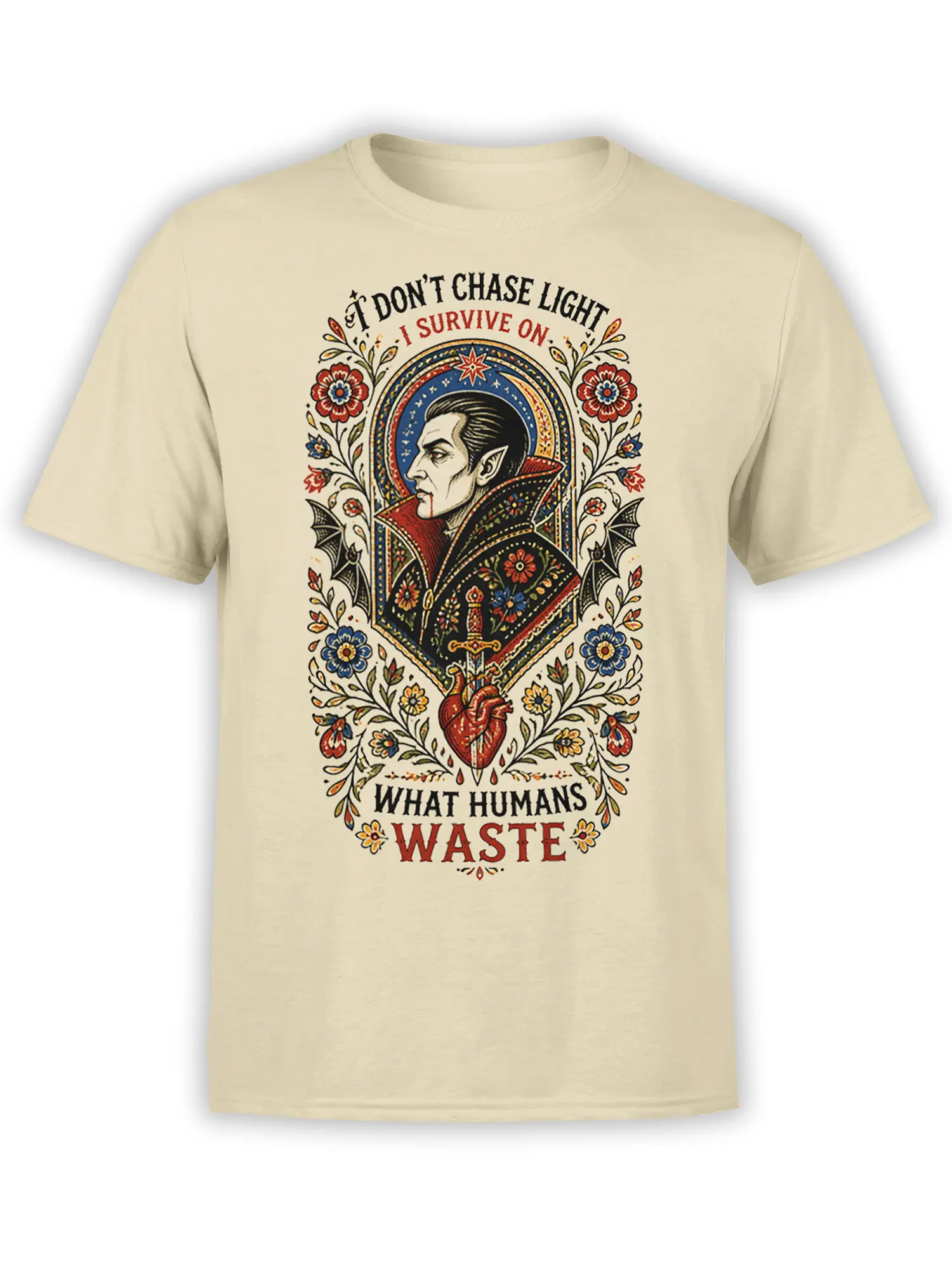 Gothic vampire portrait T-shirt in beige with flowers, bats, sword, heart, and dark humorous lettering