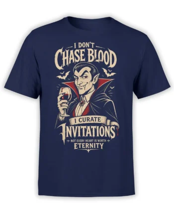 Gothic vampire holding a wine glass on a navy T-shirt with the phrase Curated Invitations