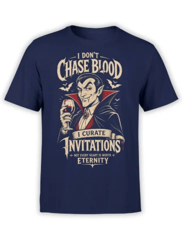 Gothic vampire holding a wine glass on a navy T-shirt with the phrase Curated Invitations