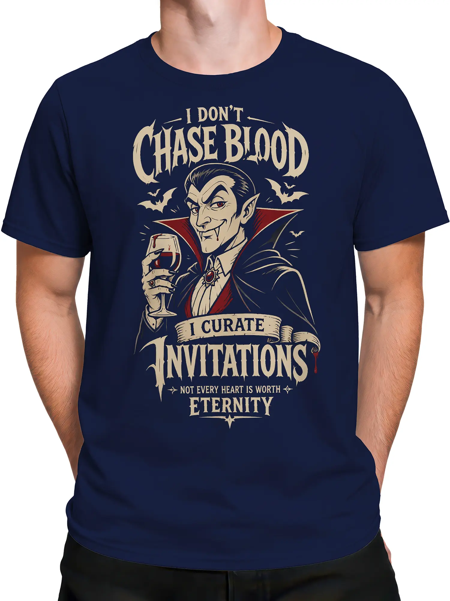 Male torso wearing a navy vampire T-shirt with vintage gothic artwork and bats