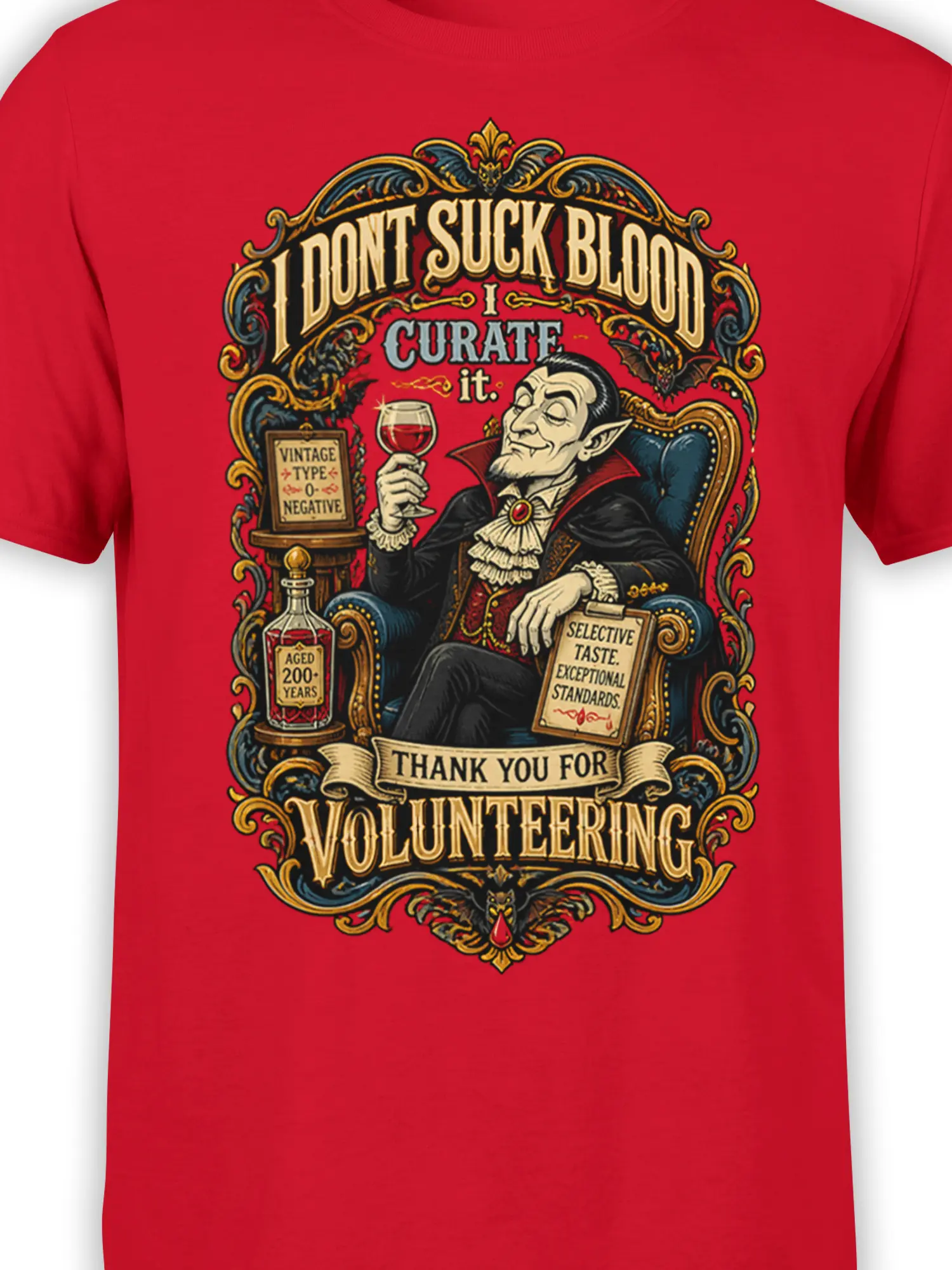 Close-up of elegant vampire, red wine glass, ornate frame, and vintage gothic lettering on red fabric