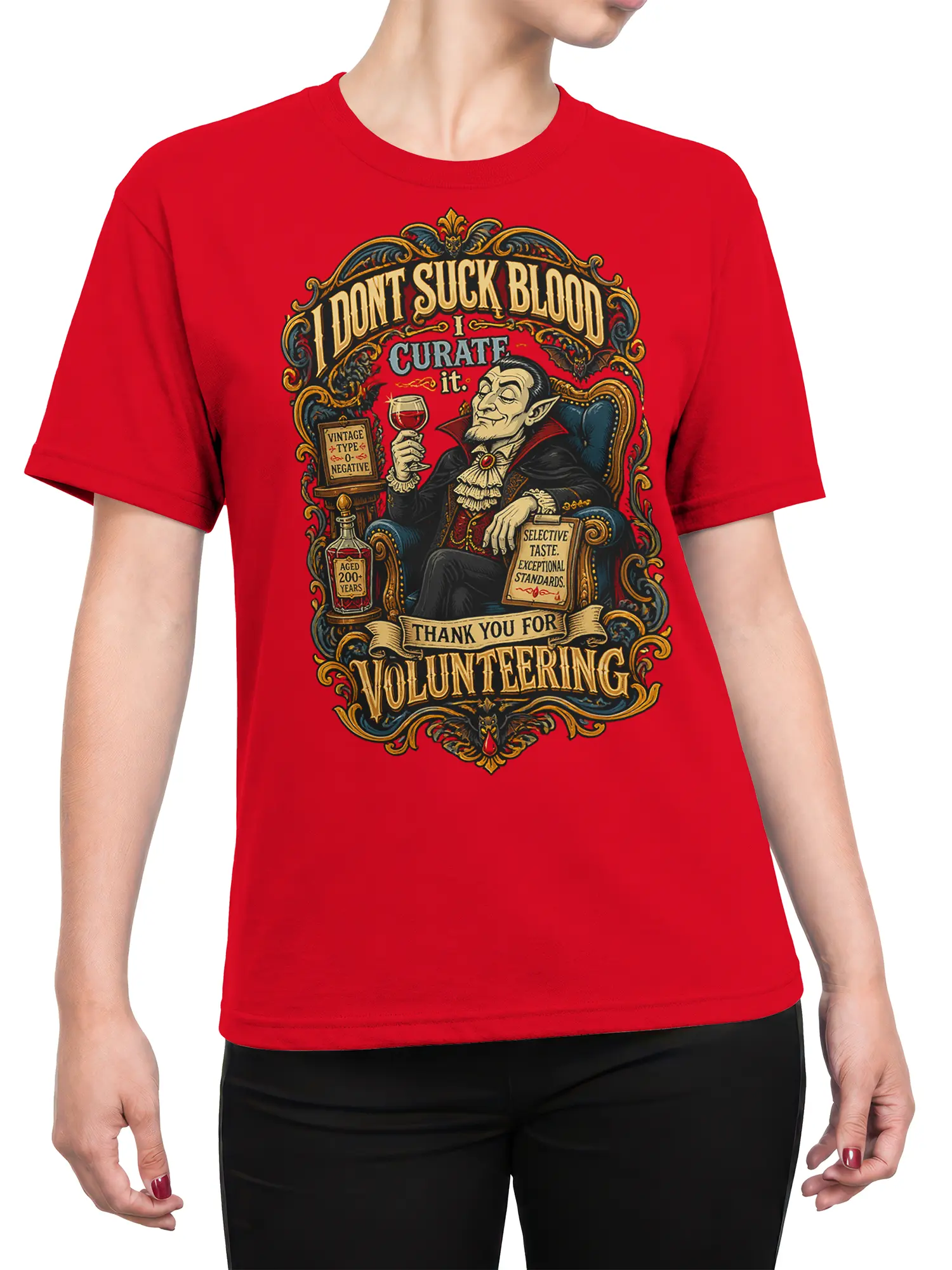 Female torso wearing a red vampire graphic tee with ornate gothic artwork and sarcastic vintage lettering