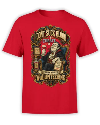 Vintage vampire graphic with red wine and sarcastic lettering printed on a red T-shirt