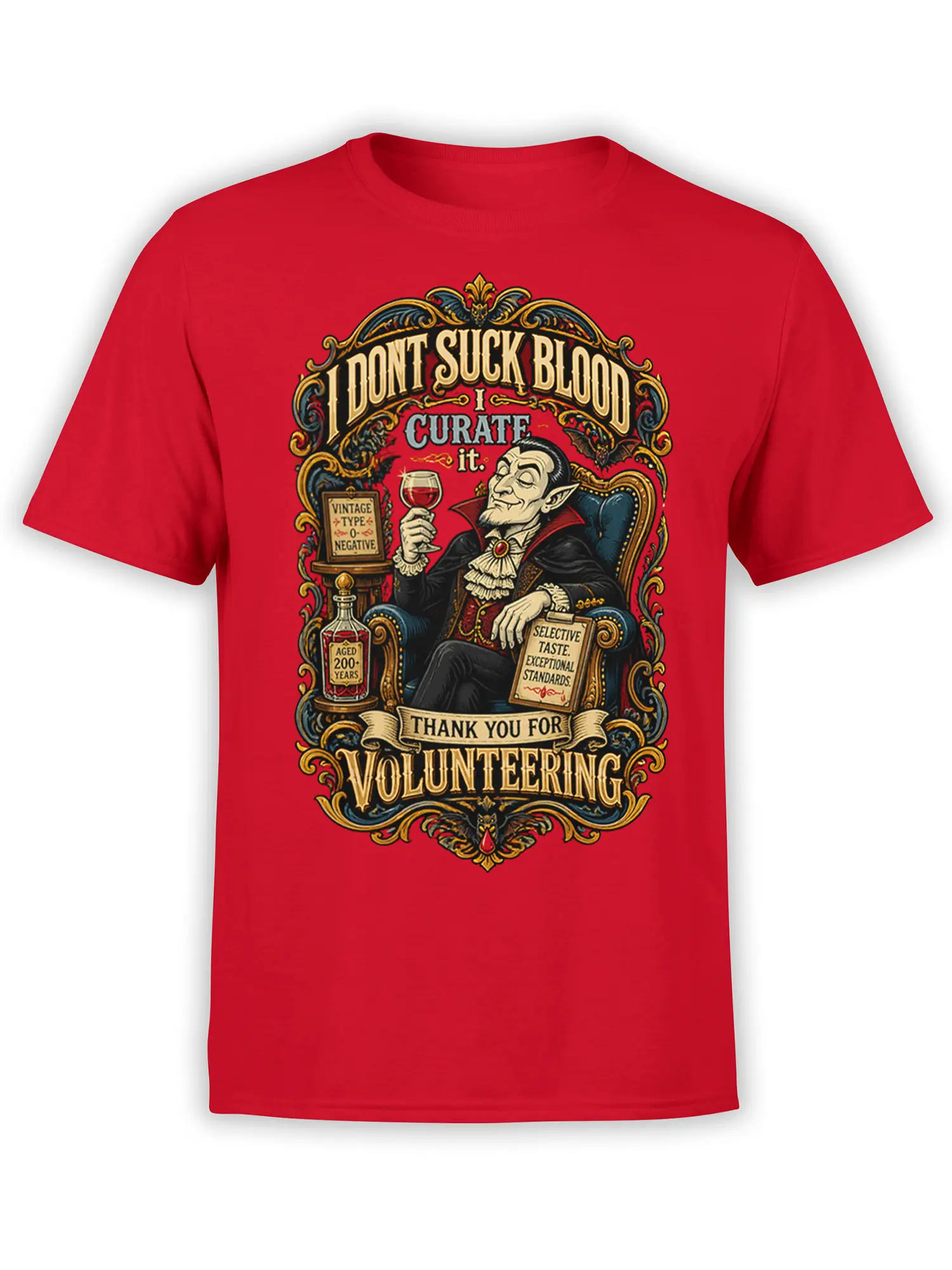 Vintage vampire graphic with red wine and sarcastic lettering printed on a red T-shirt