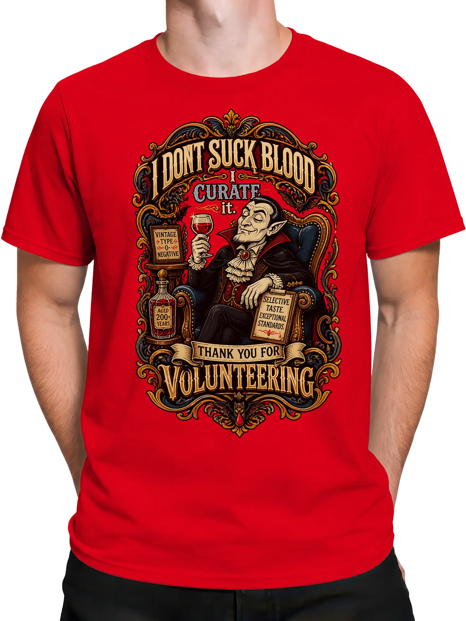 Male torso wearing a red vintage vampire T-shirt with gothic artwork, wine glass, and ornate lettering