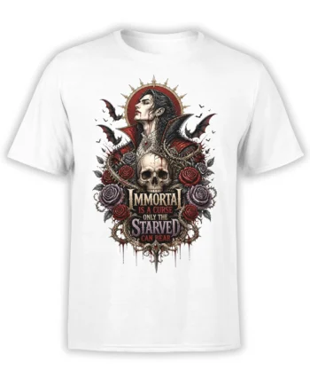 Gothic vampire woman, skull, bats, roses, and immortal curse lettering on a white T-shirt