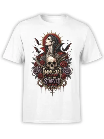 Gothic vampire woman, skull, bats, roses, and immortal curse lettering on a white T-shirt