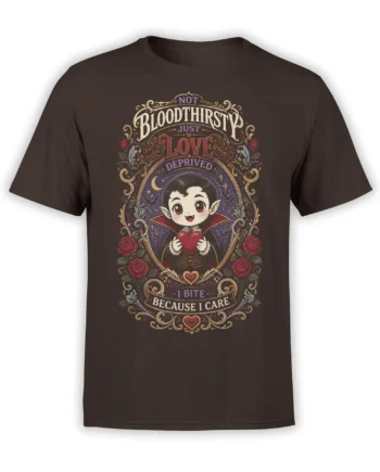 Chibi vampire holding a red heart with roses and bats on a brown gothic T-shirt