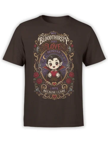 Chibi vampire holding a red heart with roses and bats on a brown gothic T-shirt