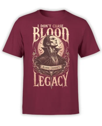 Vintage vampire portrait T-shirt in burgundy with bats, ornate details, and cream Blood Legacy lettering